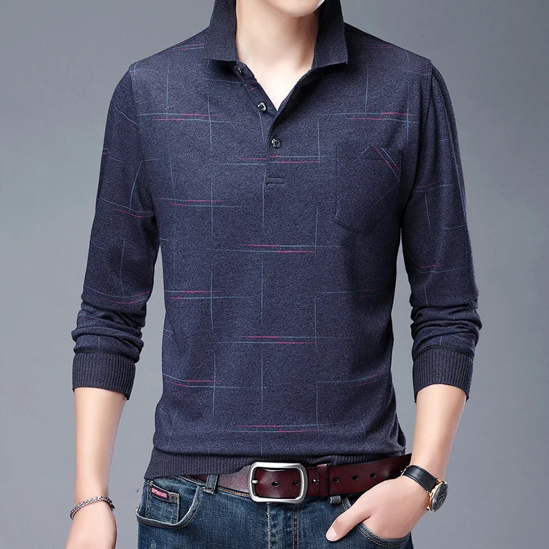 saferido Spring Autumn Polo Shirt Men Long Sleeve Business Causal Patch Designs Mens Turn Down Collar Polo Shirt Cotton Breathable Tees