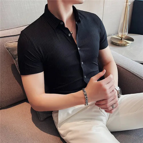 saferido British Style Men's Summer Lce Silk Casual Short SSleeves Shirts/Male Slim Fit Lapel Stripe Stretch Business Dress Shirts