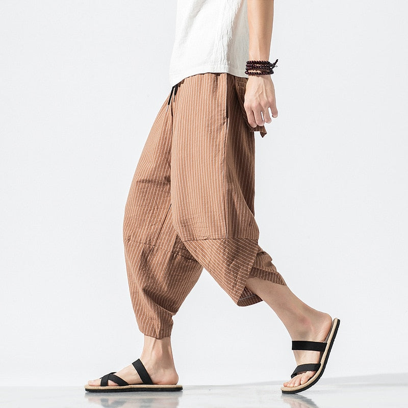 HOUZHOU Striped Cotton Linens Pants for Men Oversize Harem Cropped Trousers Male Summer Casual Beach Japanese Streetwear Hip Hop