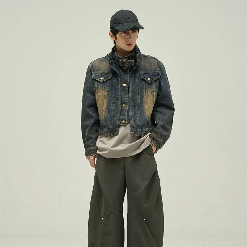 Mens Denim Jacket American Vintage Fake Two Pieces Design Washed Trend Jeans Coat Male Hip Hop High Collar Unisex Outwear 2024