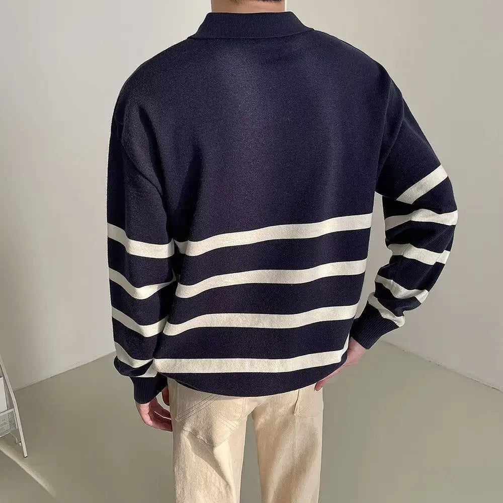 Autumn Korean Style Contrast Striped Sweater Men's Lapel Button Casual Vintage Sweater Pullovers Long-sleeved Men's Sweater