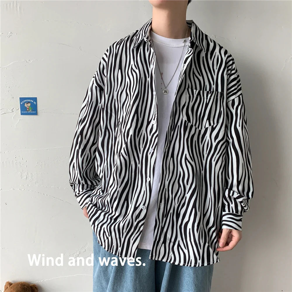 saferido Men's Classic Black and White Striped Shirt Japanese Loose Casual Large Size Couple's Model Lapel Tops Street Trendy Clothing