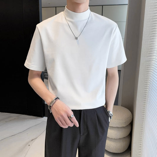 7Colors Solid Turtleneck Short Sleeve T-Shirts For Men Clothing Simple All Match Comfortable Casual Tee Shirt Homme Sale