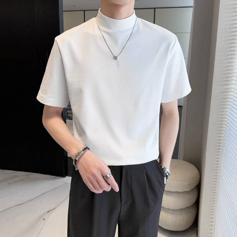 7Colors Solid Turtleneck Short Sleeve T-Shirts For Men Clothing Simple All Match Comfortable Casual Tee Shirt Homme Sale