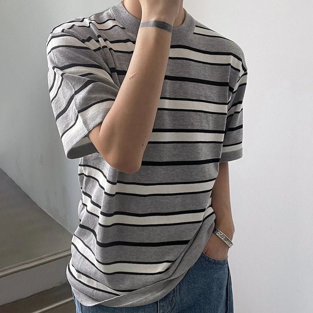 saferido Mens Japanese Striped Casual Knitted Short-Sleeved T-Shirt Genderless Fashion Personalized Versatile Retro Loose T-Shirt Unisex