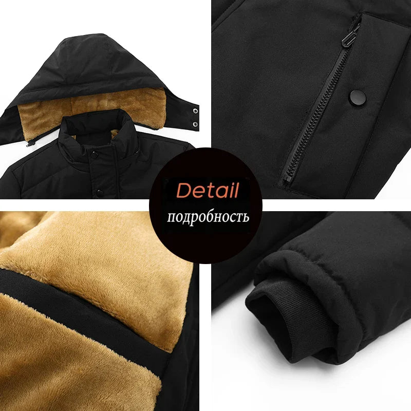 Winter Men Windproof Warm Casual Hooded Jacket Coat Man Thick Detachable Hat Formal Parka Male Outwear Business Windbreaker