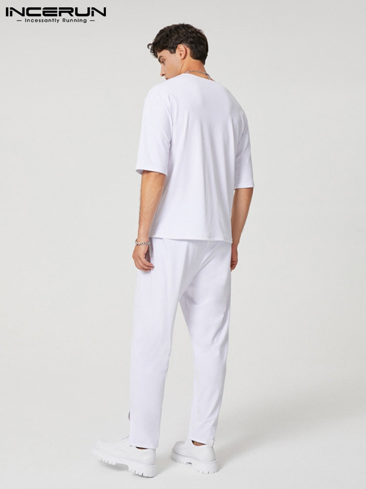Men Sets Printing Muslim Fashion O-neck Hafl Sleeve T Shirt & Pants 2PCS Streetwear Loose Men Casual Suits S-5XL INCERUN