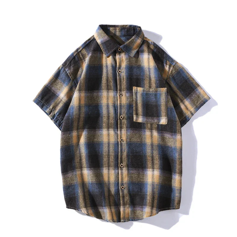 saferido Korean Style Plaid Shirts For Men Short Sleeve Fashion Turn-down Collar Blouses Hip Hop Male Clothing