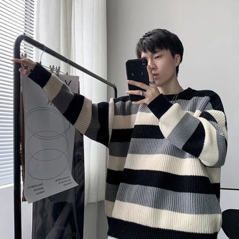 saferido Man Clothes Striped Long Knitted Sweaters for Men Brown Pullovers S 90s Vintage Y2k A Korean Autumn Jumpers Neck Overfit X