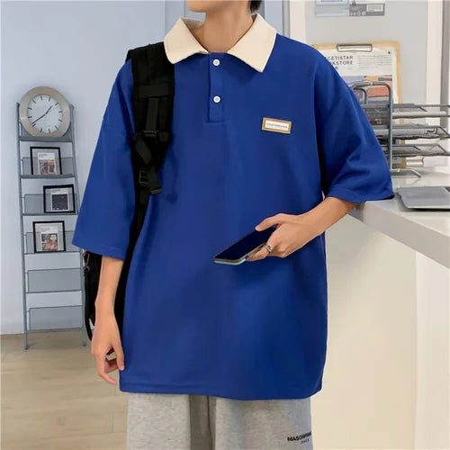 saferido New Arrivals Contrast Color Lapel Polo Shirt Men Summer Japanese Waffle Short Sleeve T-shirts Loose All-match Casual Tee