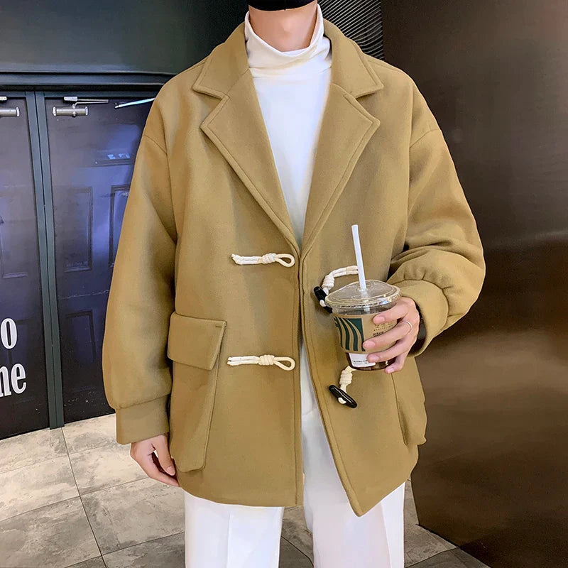 saferido Men Black Streetwear Button Jacket Overcoat Men Oversized Wool Blends Coat Winter Graphic Korean Fashion Trench Coat