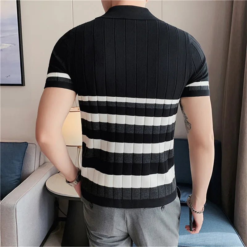 saferido British Style Men's Fashion Lce Silk Stripe Knitting POLO Shirts/Male Slim Fit Short Sleeve Leisure POLO Shirts S-3XL
