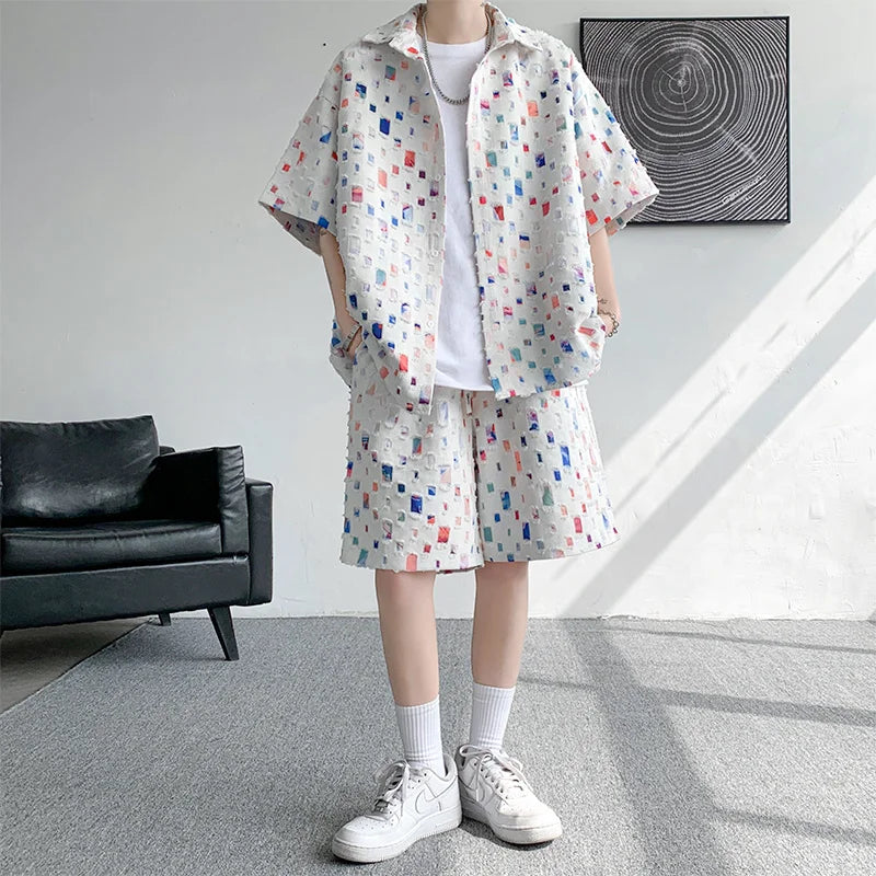 saferido Summer Plaid Sets Men Fashion Oversized Short Sleeved Shirt/Shorts Two-piece Men Streetwear Loose Hollow Out Set Mens Short Sets