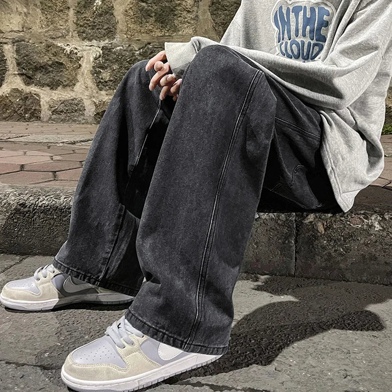 saferido Korean Fashion Men's Baggy Jeans Elastic Waist Classic olid Color Straight-leg Denim Wide-leg Pants Male Light Blue Grey Black