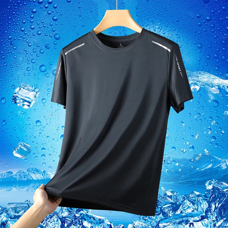 Ice Silk Short Sleeves Men's Summer Thin Sports Top Cool T-shirt, Elastic Mesh Breathable Outdoor New Quick Drying T-shirt