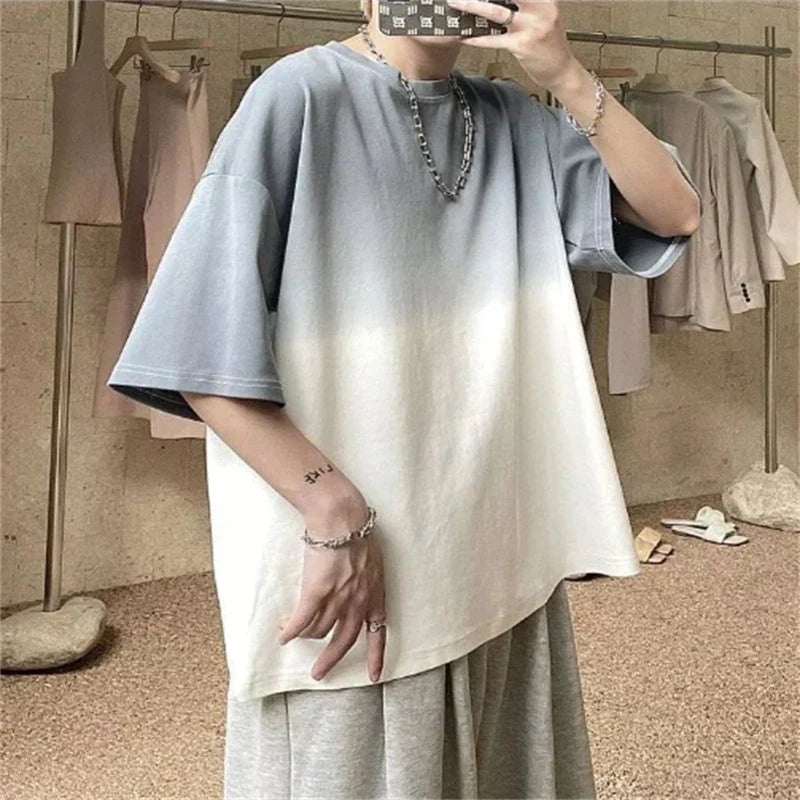 saferido Men Summer Gradient Tshirts Casual Short Sleeve Tops Men Harajuku Street Style T-shirts Loose O-neck Pullover
