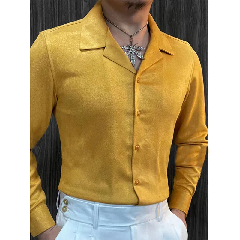 saferido Spring Cuban Collar Casual Long Sleeve Shirt For Men British Luxury Solid Color Shirt Business Formal Dress Shirt Camisa Hombre