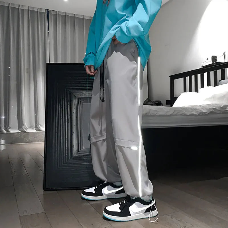 saferido Reflective Striped Sweatpants Men's Spring Autumn Oversize Beam Feet Solid Stitching Casual Pants Sports Trend Classic Trousers