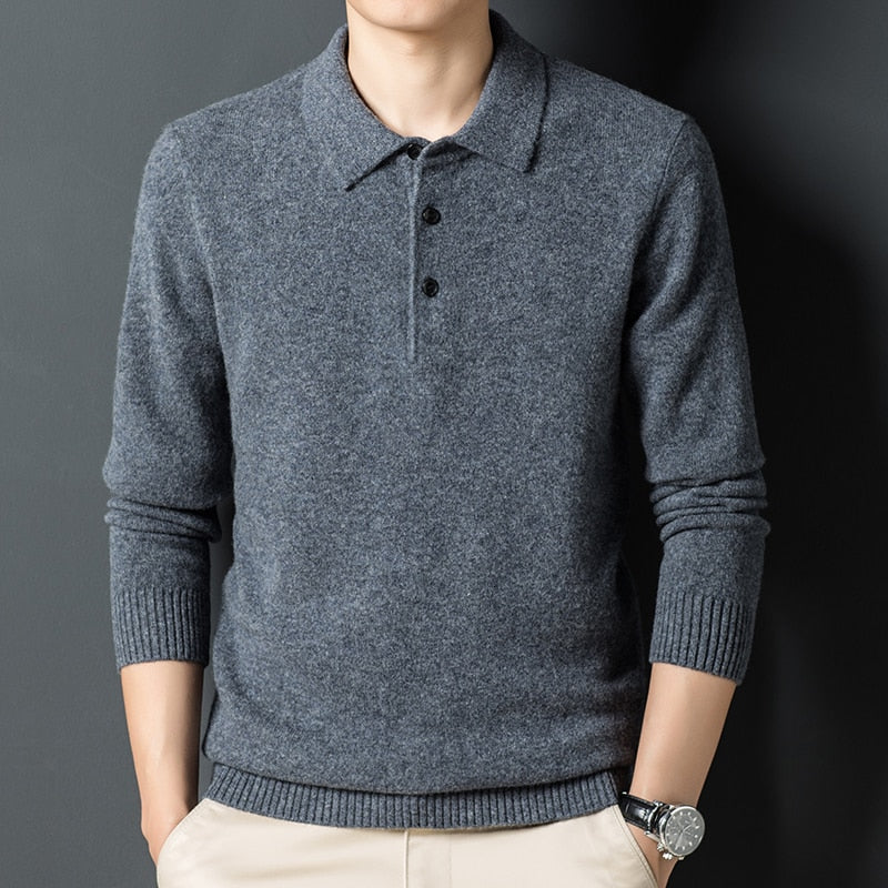 Cashmere sweater men's Polo neck 100% pure wool sweater solid color sweater backing sweater
