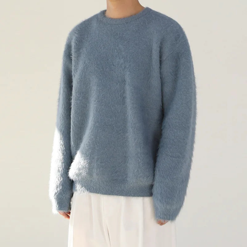 Autumn Winter Round Collar Mohair Sweater Loose Korean Style Vintage Kintted Sweater Pullover Men Clothing