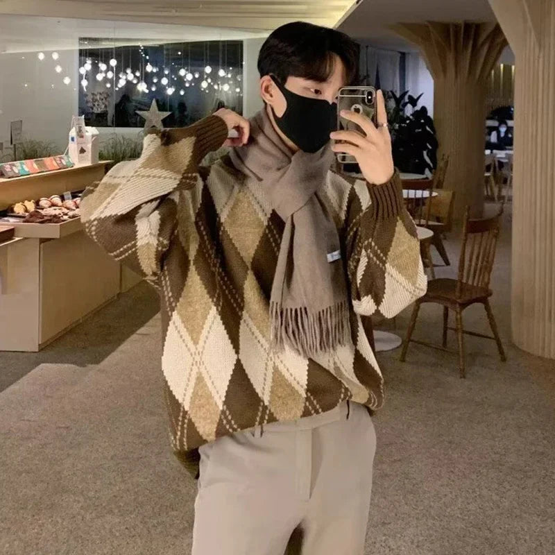 saferido Argyle Sweater Pullover Men's Christmas Grandpa Sweater Korean Casual Vintage Retro Clothes Autumn Streetwear Harajuku