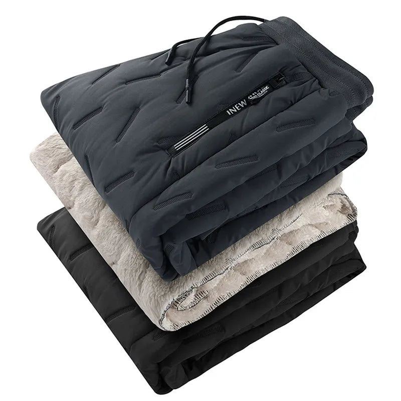 Winter Zip Pockets Thicken Fleece Men Warm Pants Trousers