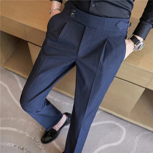 saferido British Style Men High Waist Casual Dress Pant Men Belt Design Pink Trousers Formal Office Social Wedding Party Dress Suit Pants