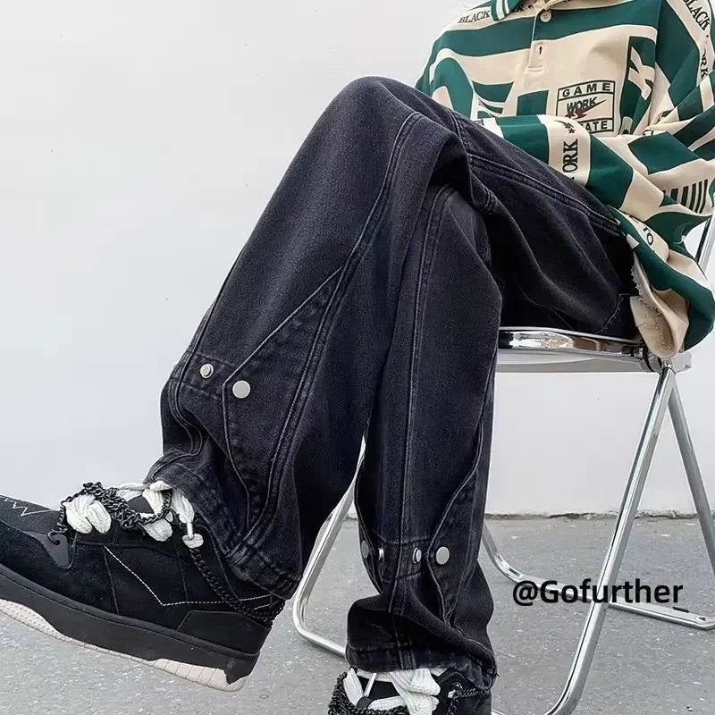 saferido Trendy Vintage Straight-leg Jeans Men's Fall/winter Style American Vibe Patchwork Pants Slim Fit Bootcut Bottoms For Men