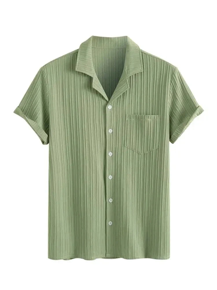 Short Sleeves Shirts for Men Solid Textured Blouses Lapel Collar Button Shirt Unisex Streetwear Tops with Pocket