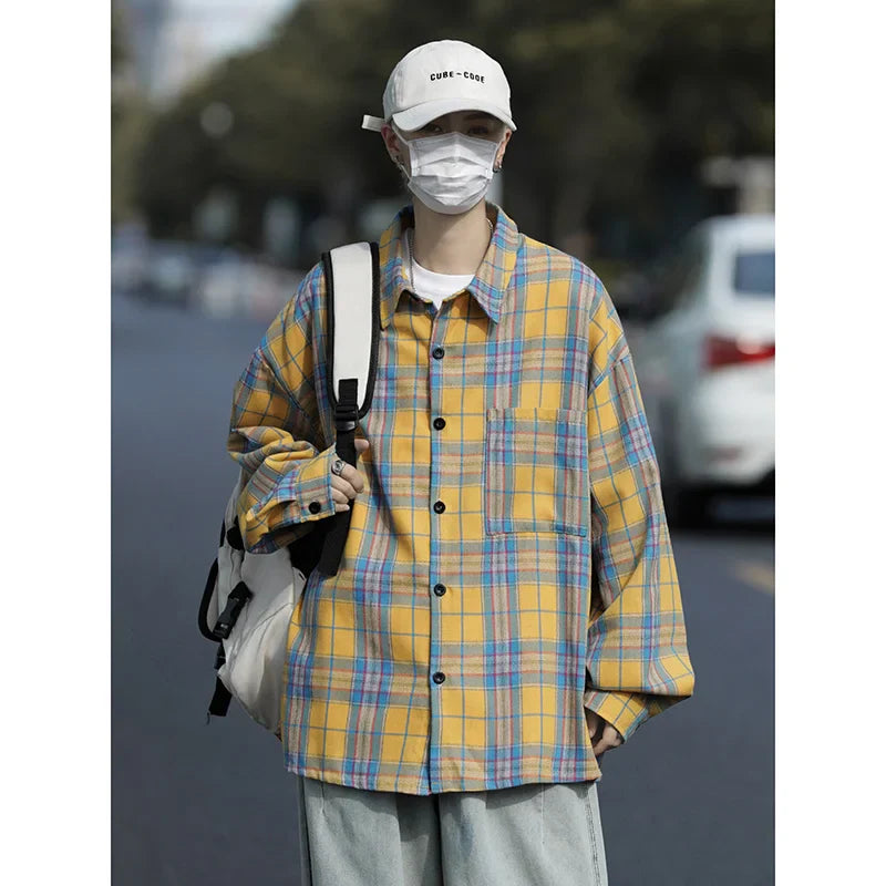 saferido Autumn Long Sleeved Shirt Men Oversized Fashion Retro Plaid Shirt Men Streetwear Loose Casual Shirt Mens Vintage Shirts M-3XL