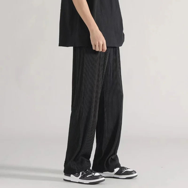 saferido Summer Thin Ice Silk Straight Loose Casual Pants Men Solid Korean Elastic Waist Drawstring Patchwork Pocket Wide Leg Trousers