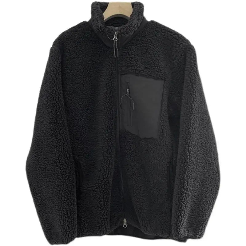 Autumn and Winter Japanese Men's and Women's Fleece Stand Neck Jacket Couple Zipper Loose Warm Lamb Wool Coat Solid Color Jacket