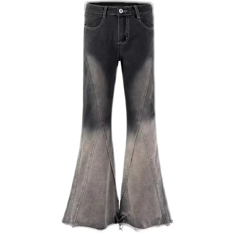Flare Jeans Men Gradient Color Spring Summer High Street Raw Edge Grunge European Style Retro Vintage Washed Full Length Hipster