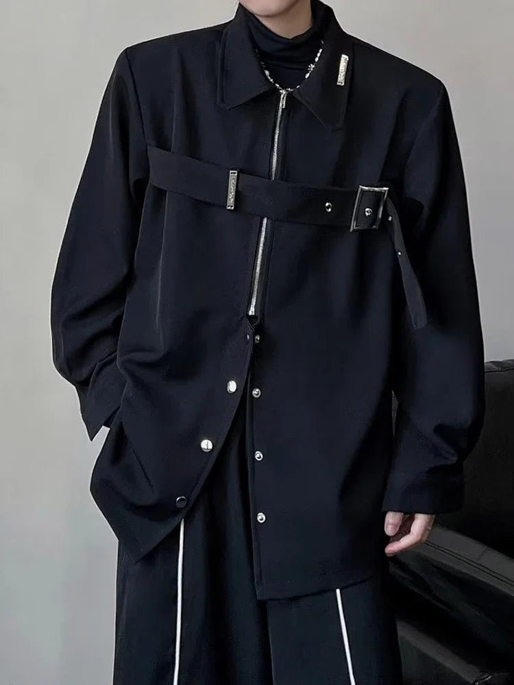 saferido Techwear Shirts Men Darkwear Hip Hop Blouses Punk Black Long Sleeve Button Up Male Zipper Harajuku Japanese Streetwear