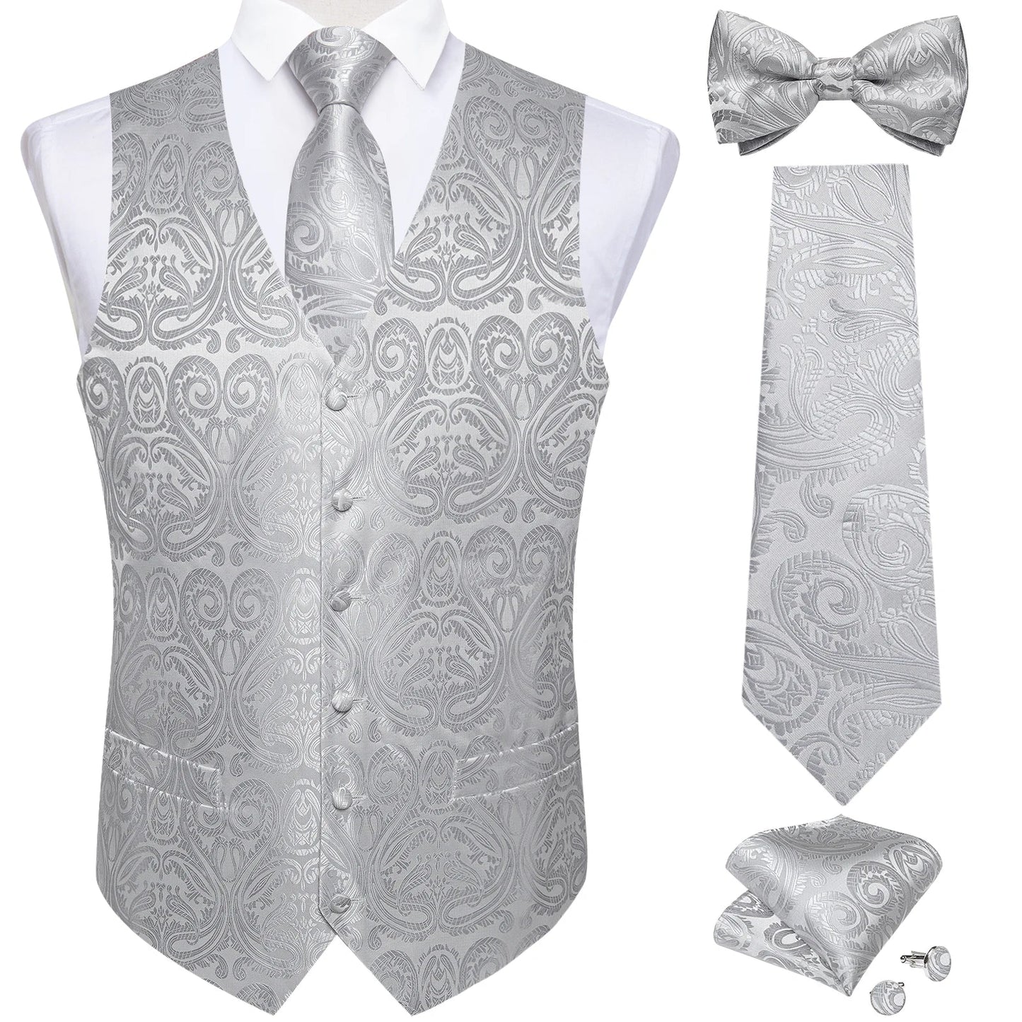 Men Black Paisley Vest Necktie Bowtie Pocket Square Cufflinks Dress Set Classic 5 PCS Business Waistcoat for Man