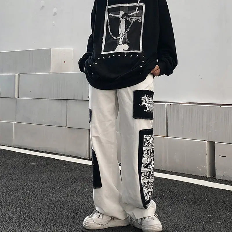 saferido Large Size Cargo Pants Men Spring Autumn Cartoon Patch Ins Fashion Casual Trousers High Street Harajuku Streetwear Male Clothes