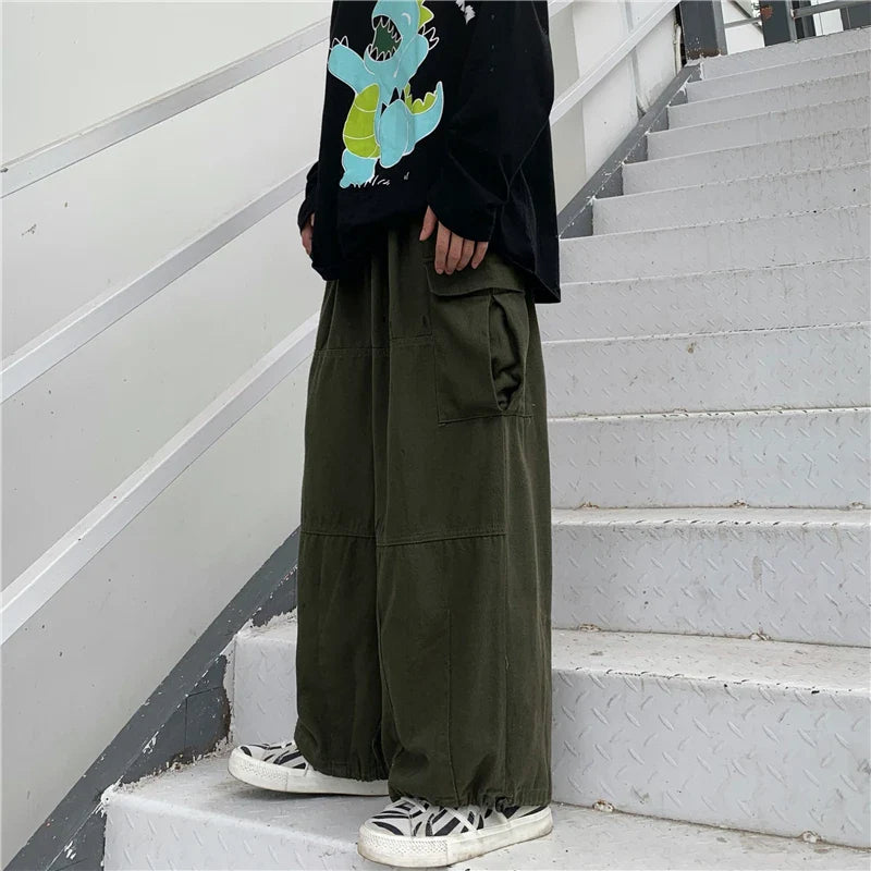 saferido Khaki Cargo Pants Men Elastic Waist Baggy Trousers Fashion Overalls Oversized Bottoms Summer Vintage Male Y2K Clothes Streetwear