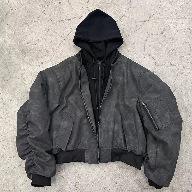 Spring Oversized Vintage Black Faux Suede Leather jacket Men Zipper Fake 2 Piece Luxury Designer Clothes Hoodie