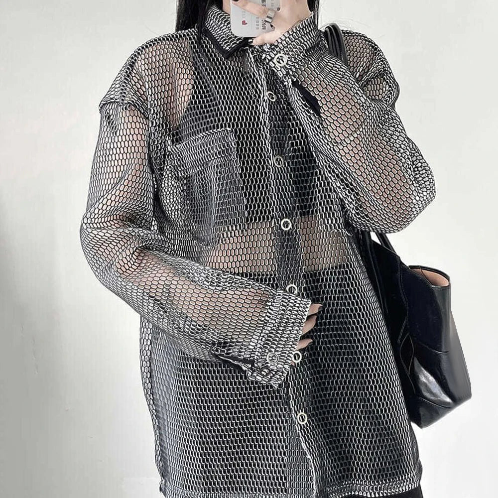 saferido Mens Casual Mesh Tops Genderless 2024 Spring Autumn New Fashion Personality Loose Versatile Streetwear Retro Shirts Unisex