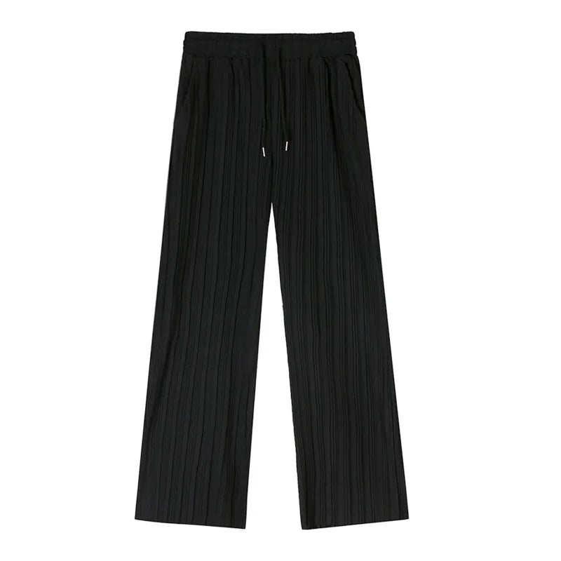 Men Clothing Spring Autumn Ice Silk Pleated Wide Leg Pants Elastic Waist Causal Loose Straight Trousers For Male