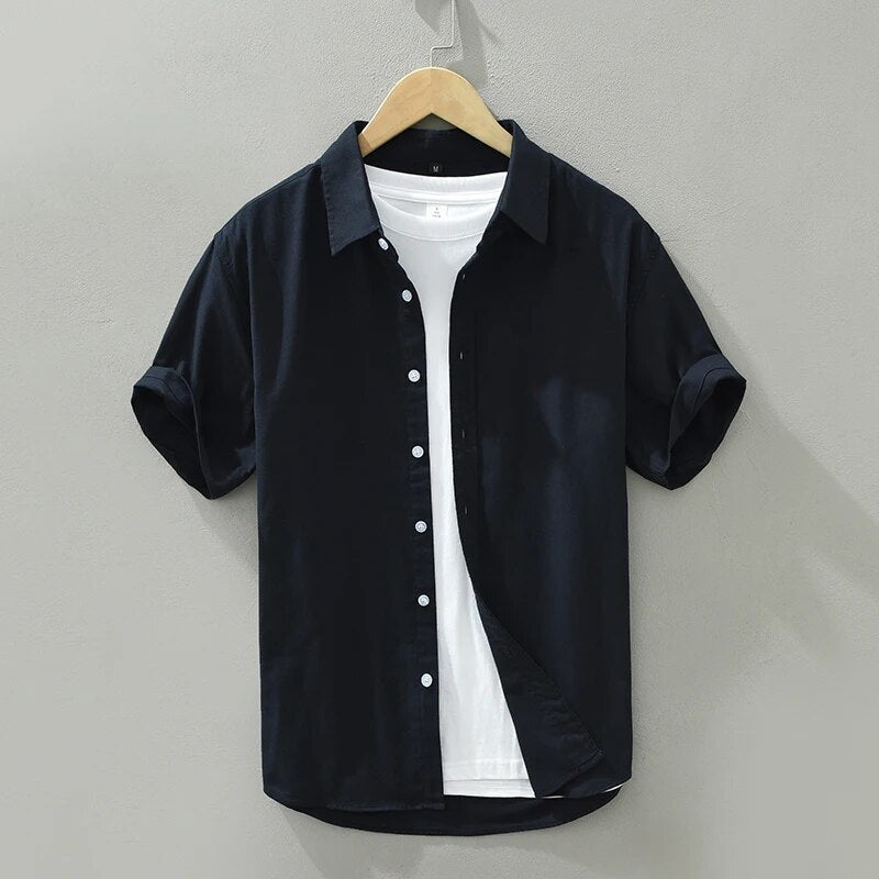 Summer New Short Sleeve Shirt for Men Pure Cotton Turn-down Collar Button Down Shirts Male Solid Casual Korean Clothes