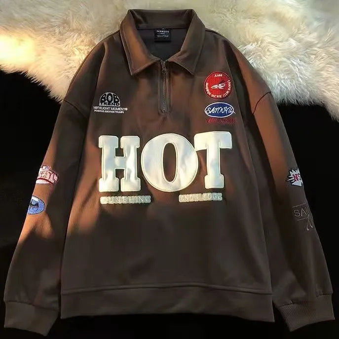 American retro street alphabet print stitching stand collar sweater men and women spring and autumn tide brand sports top