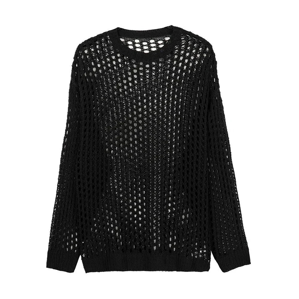 Mens Y2k Hollow Out Outfits See-Through Knit Shirts New Summer Fashion All-Match Casual Geometric Vintage Loose Smock Tops
