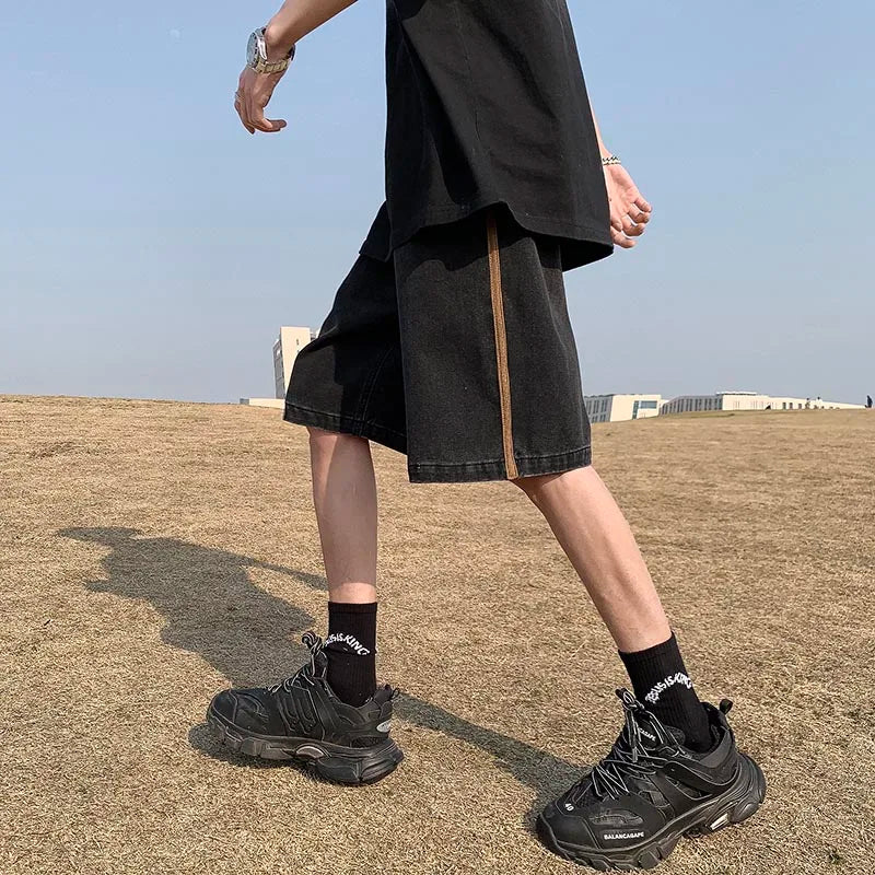 saferido Side Striped Denim Shorts Men Wide Leg Baggy Drawstring Mid-waist Summer Fitness Handsome Slouchy Knee Length Japanese Style