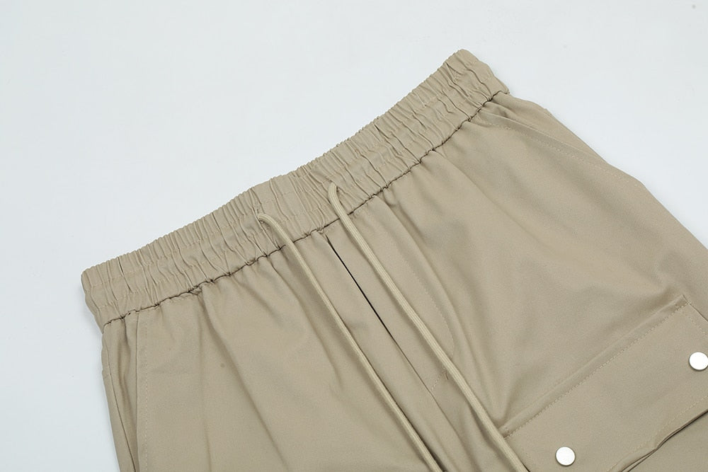 Side Ankle Button Pockets Drawstring Cargo Pants Men's Straight Solid Color Streetwear Baggy Casual Overalls Y2K Unisex Trousers