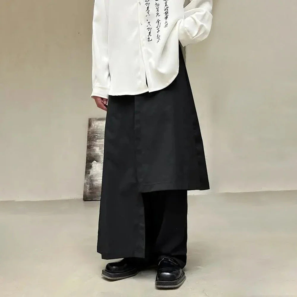 saferido Mens Japanese Double-Layer Irregular Splicing Culottes New Necessities Couple Lazy Style Retro Loose Wide-Leg Pants Unisex