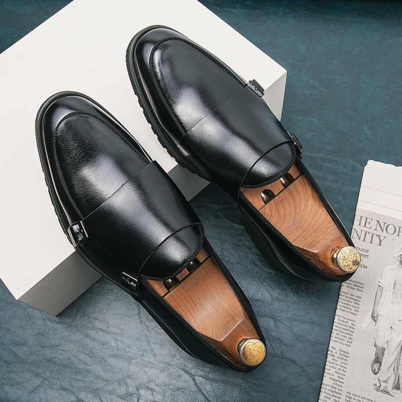 saferido Men Fashion Formal Shoes Handmade Monk Shoes Derby Dress Leather Shoe Gentleman Double Buckles Monk Shoes Pointed Wedding Shoes