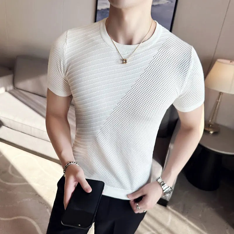 saferido Korean Style Men's Summer Casual Short Sleeve Knitted T-shirt/Male Ice Silk Hollow Out Round Neck T-shirt S-3XL