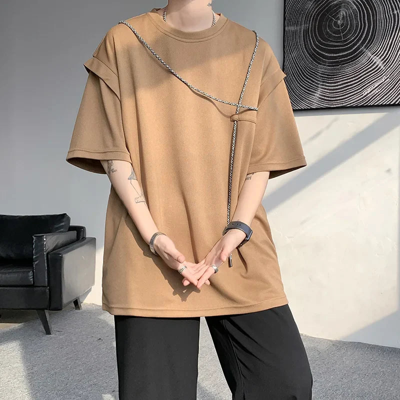saferido Hip Hop T-shirts Men Simple Popular Korean Style Bandage Design Loose Individual Chic Comfortable Patchwork Students Summer Tees