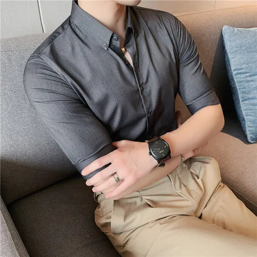 saferido British Style Men Social Shirts Short Sleeve Tuxedo Classic Contrast Collar Striped Solid Shirt for Men Business S-5XL